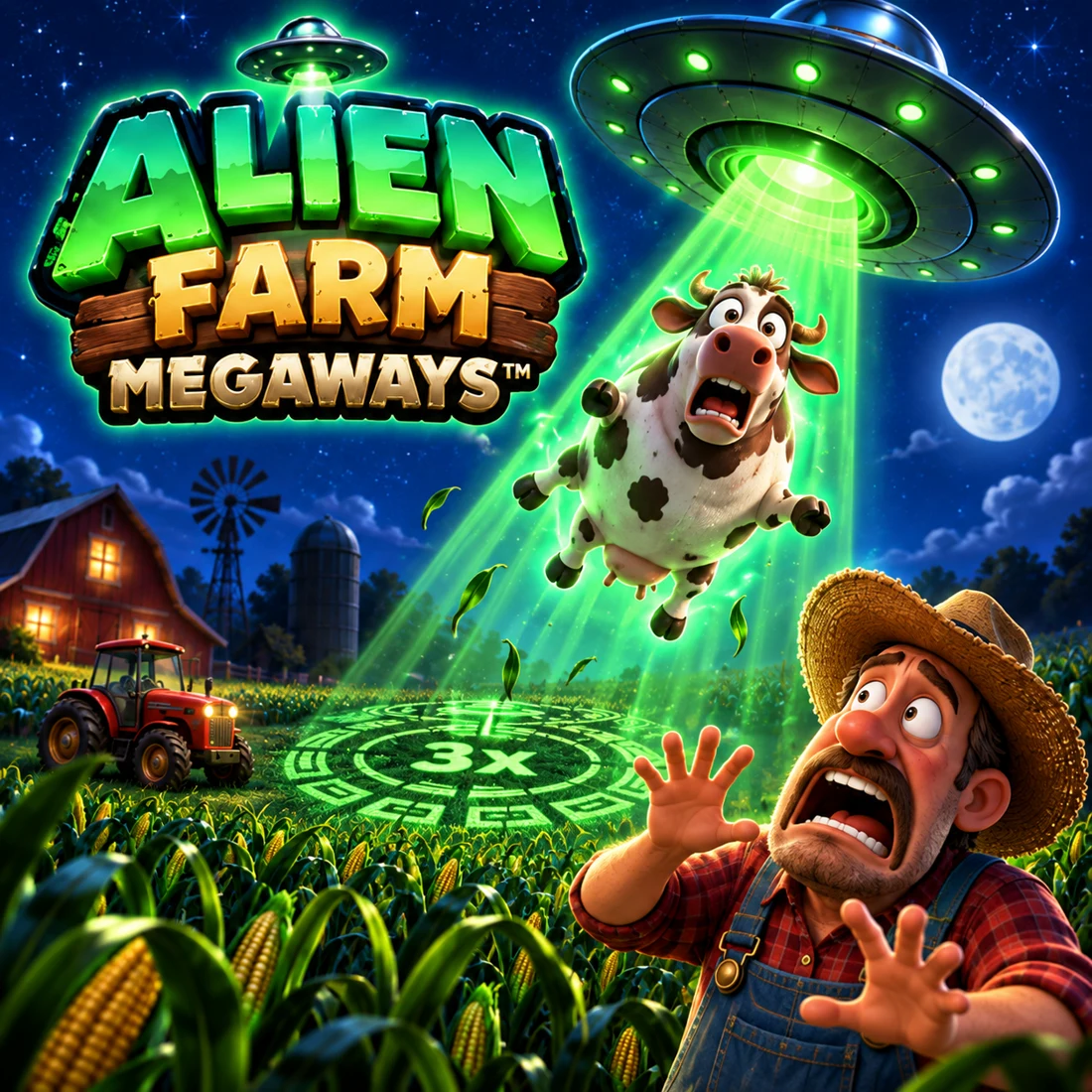 Alien Farm, a UFO lifting a surprised cow above a farm