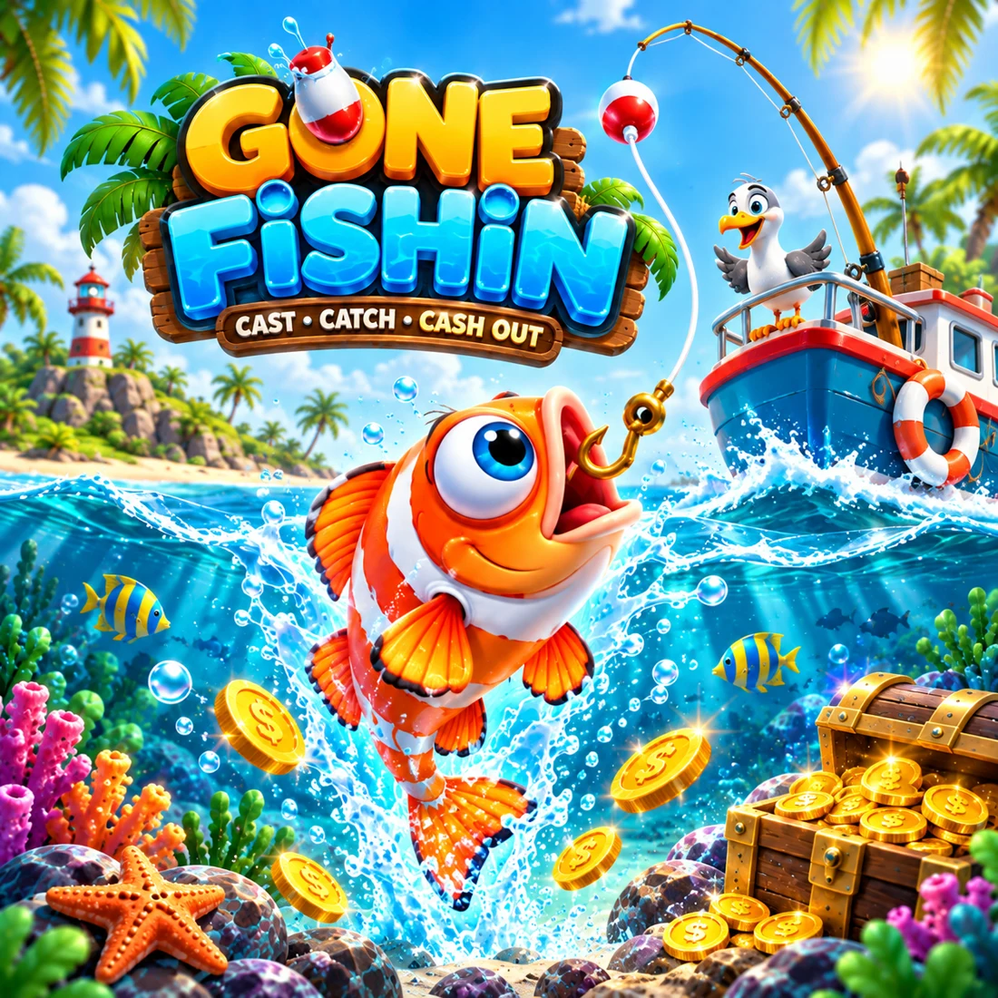 Gone Fishin’, a bright ocean adventure with an orange fish and a fishing boat